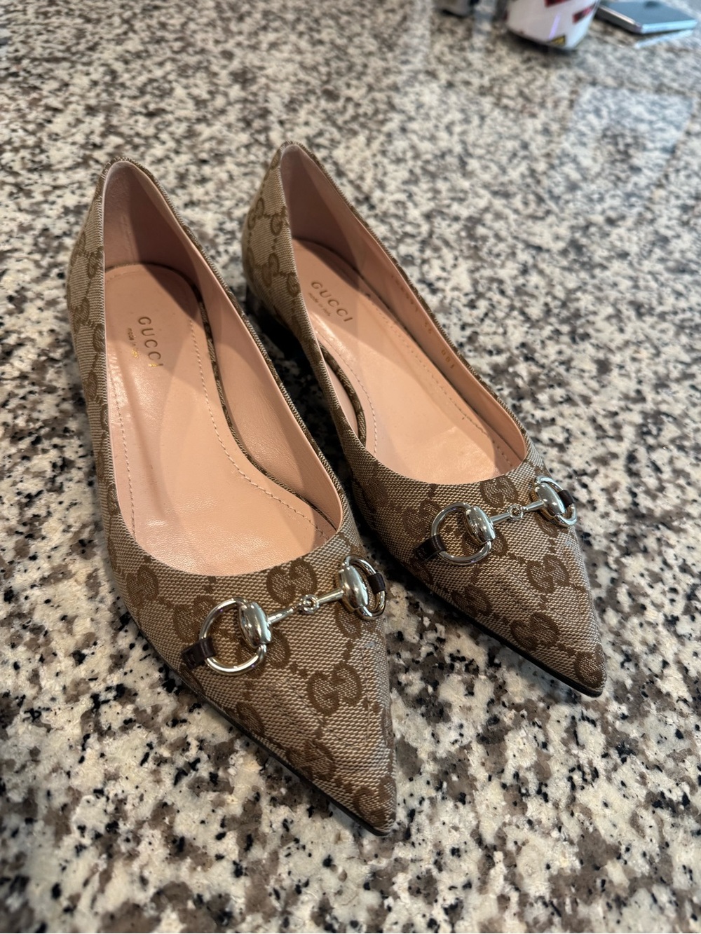 Gucci Tan/Brown GG Supreme Pointed Horsebit Flats